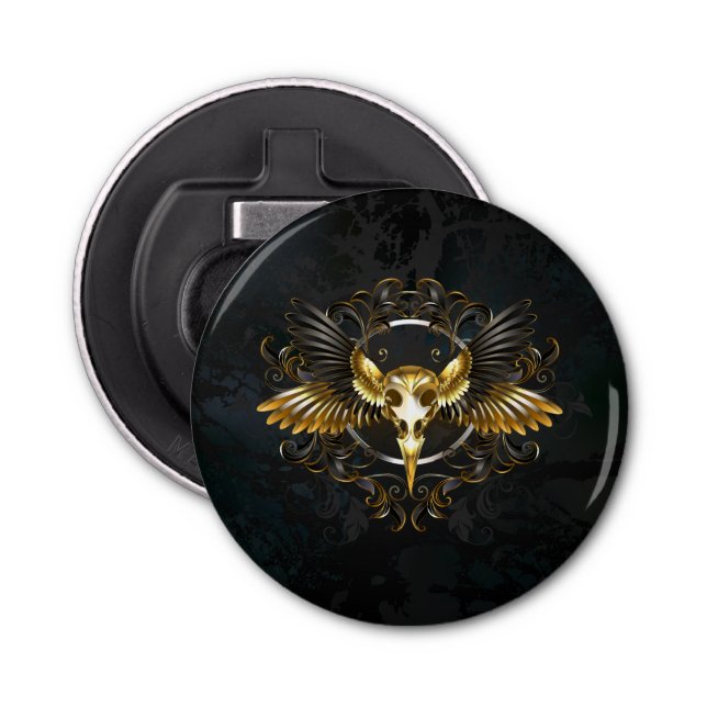Golden Bird Skull on Black background Bottle Opener (Front)