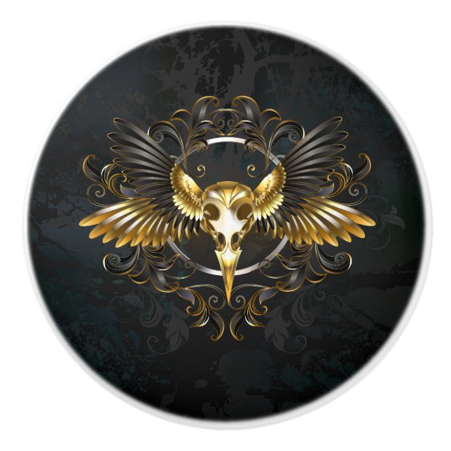 Golden Bird Skull on Black background Ceramic Knob (Front)