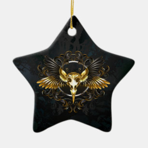 Golden Bird Skull on Black background Ceramic Tree Decoration