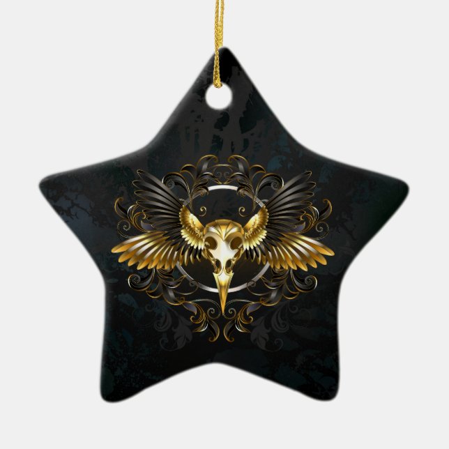 Golden Bird Skull on Black background Ceramic Tree Decoration (Front)