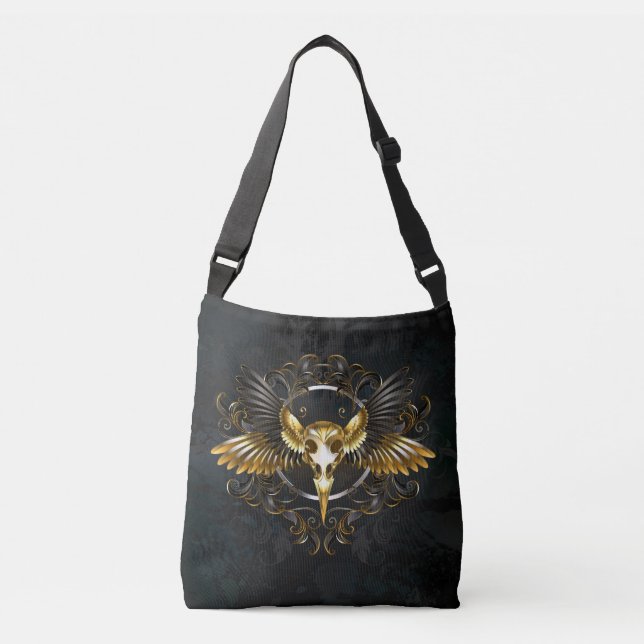 Golden Bird Skull on Black background Crossbody Bag (Front)
