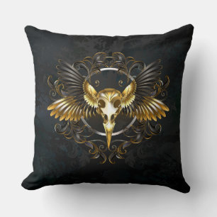 Golden Bird Skull on Black background Cushion