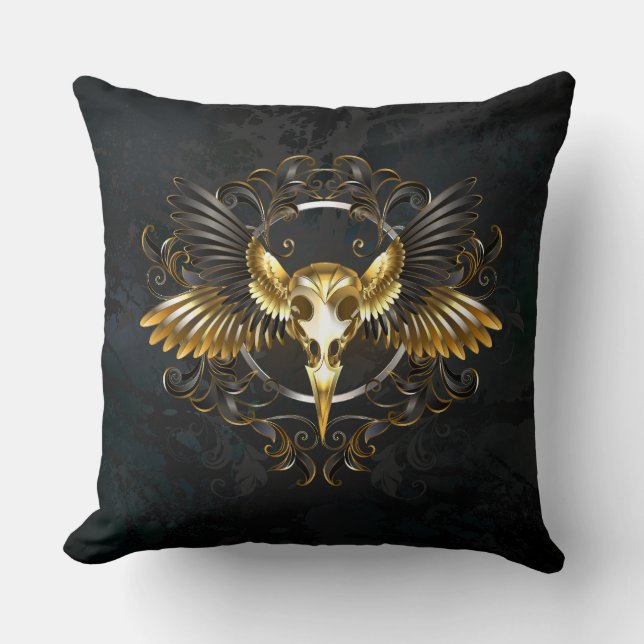 Golden Bird Skull on Black background Cushion (Front)
