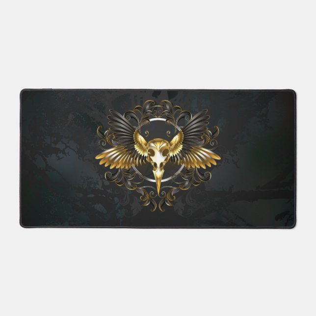 Golden Bird Skull on Black background Desk Mat (Front)