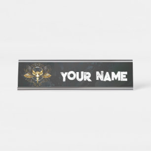 Golden Bird Skull on Black background Desk Name Plate
