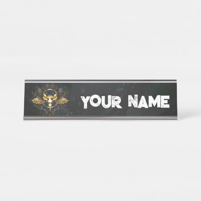 Golden Bird Skull on Black background Desk Name Plate (Front)