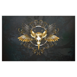 Golden Bird Skull on Black background Fabric