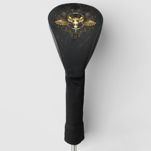 Golden Bird Skull on Black background Golf Head Cover (Front)
