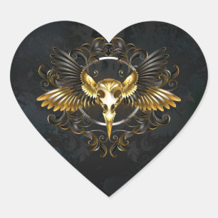 Golden Bird Skull on Black background Heart Sticker