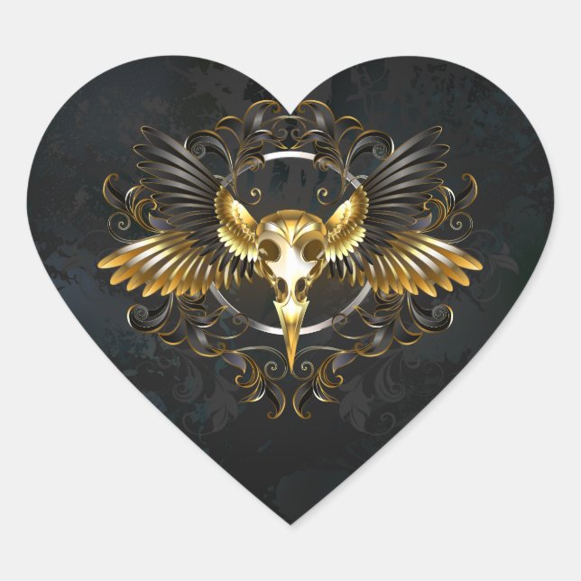 Golden Bird Skull on Black background Heart Sticker (Front)