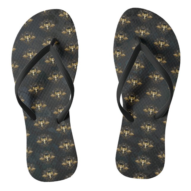Golden Bird Skull on Black background Jandals (Footbed)