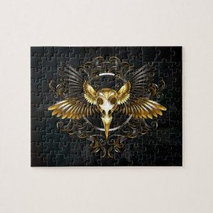 Golden Bird Skull on Black background Jigsaw Puzzle