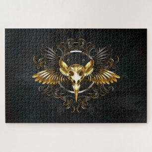 Golden Bird Skull on Black background Jigsaw Puzzle