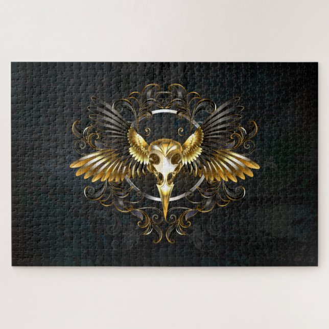 Golden Bird Skull on Black background Jigsaw Puzzle (Horizontal)