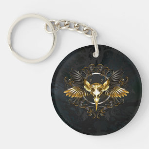 Golden Bird Skull on Black background Key Ring