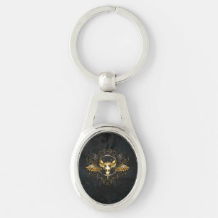 Golden Bird Skull on Black background Key Ring