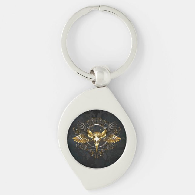 Golden Bird Skull on Black background Key Ring (Front)
