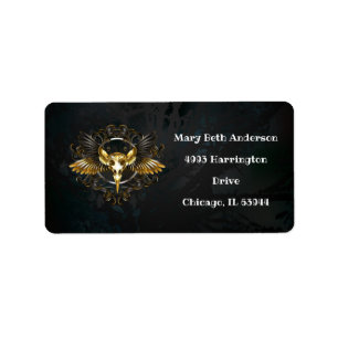 Golden Bird Skull on Black background Label