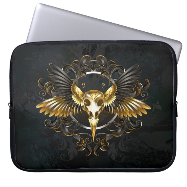 Golden Bird Skull on Black background Laptop Sleeve (Front)