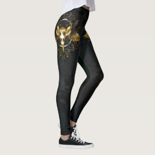 Golden Bird Skull on Black background Leggings