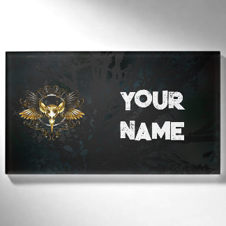 Golden Bird Skull on Black background Name Tag