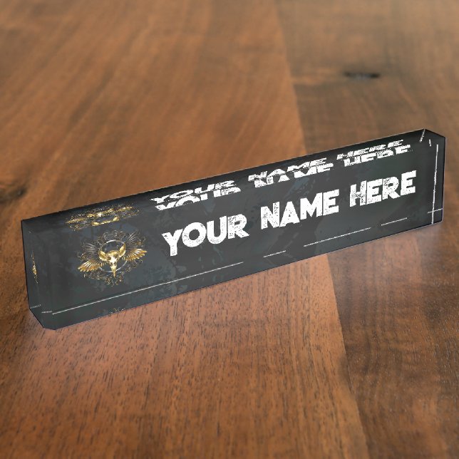 Golden Bird Skull on Black background Nameplate (Side)