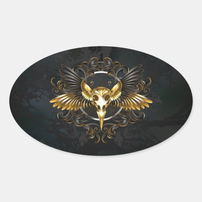 Golden Bird Skull on Black background Oval Sticker (Front)