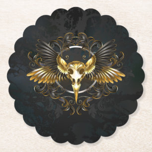 Golden Bird Skull on Black background Paper Coaster