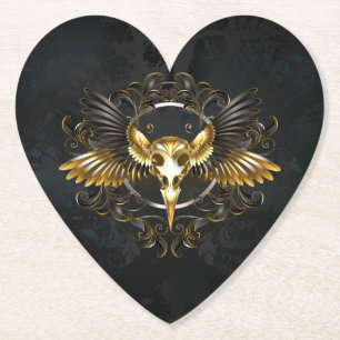 Golden Bird Skull on Black background Paper Coaster