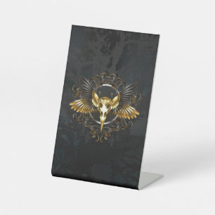Golden Bird Skull on Black background Pedestal Sign