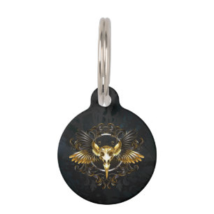 Golden Bird Skull on Black background Pet Tag