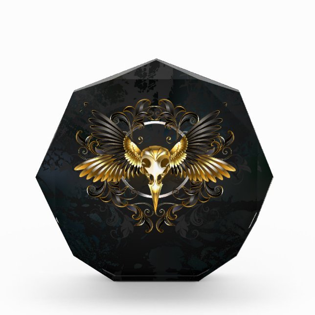 Golden Bird Skull on Black background Photo Block (Front)