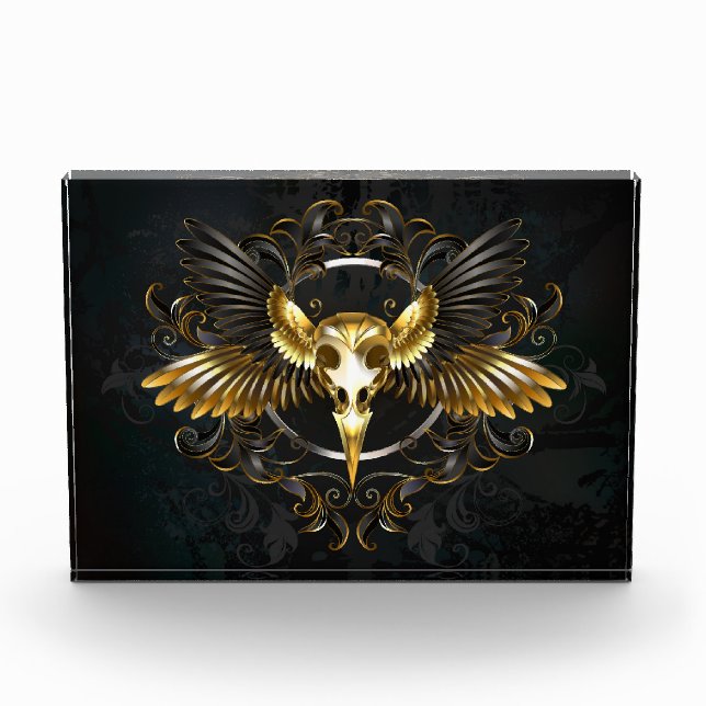 Golden Bird Skull on Black background Photo Block (Front)