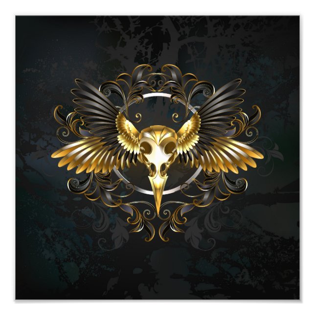 Golden Bird Skull on Black background Photo Print (Front)