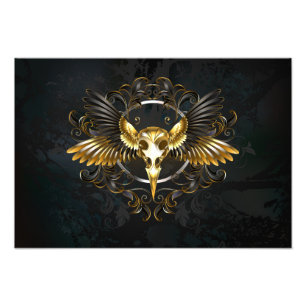 Golden Bird Skull on Black background Photo Print