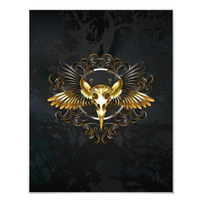 Golden Bird Skull on Black background Photo Print (Front)