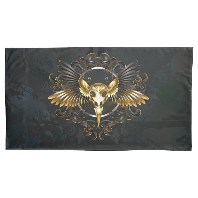 Golden Bird Skull on Black background Pillowcase (Front)