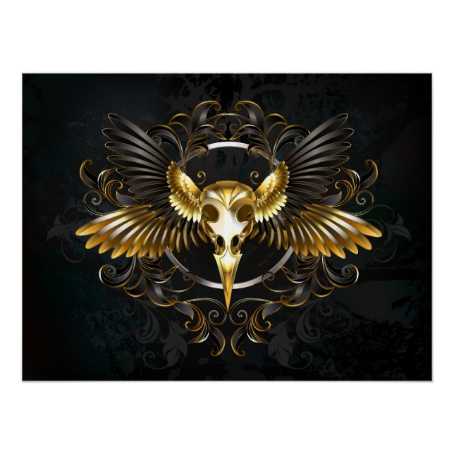 Golden Bird Skull on Black background Poster (Front)