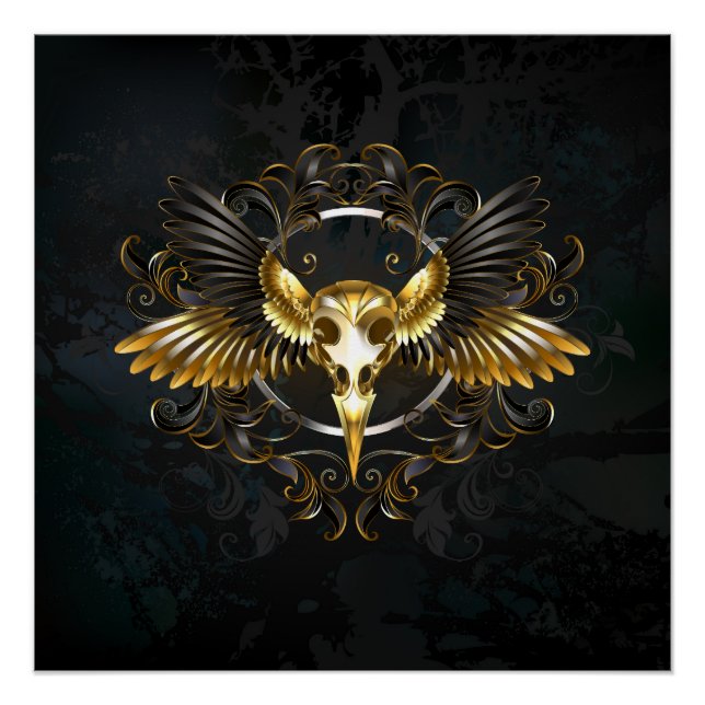 Golden Bird Skull on Black background Poster (Front)