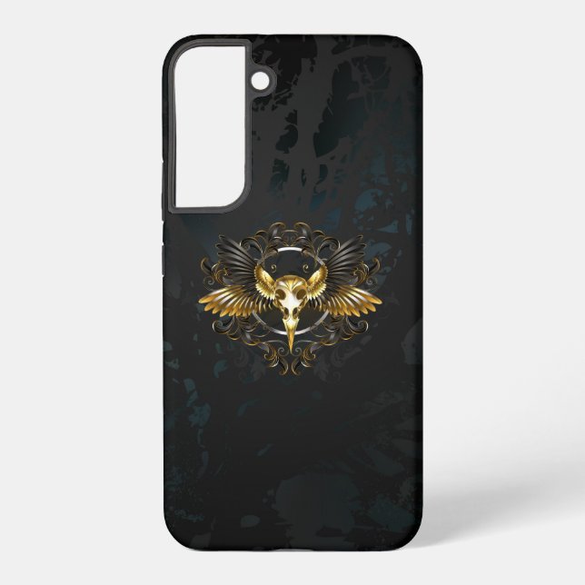 Golden Bird Skull on Black background Samsung Galaxy S22+ Case (Back)