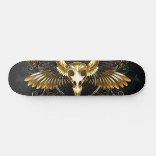 Golden Bird Skull on Black background Skateboard