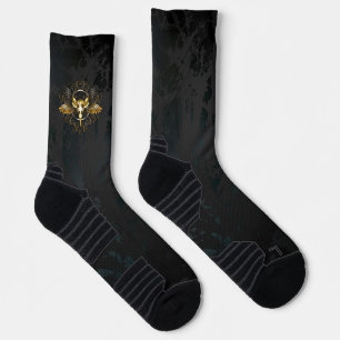 Golden Bird Skull on Black background Socks