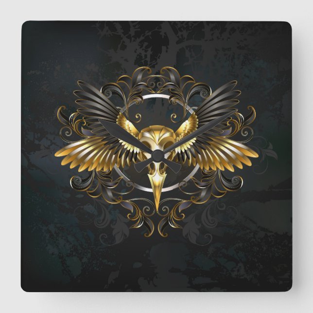 Golden Bird Skull on Black background Square Wall Clock (Front)