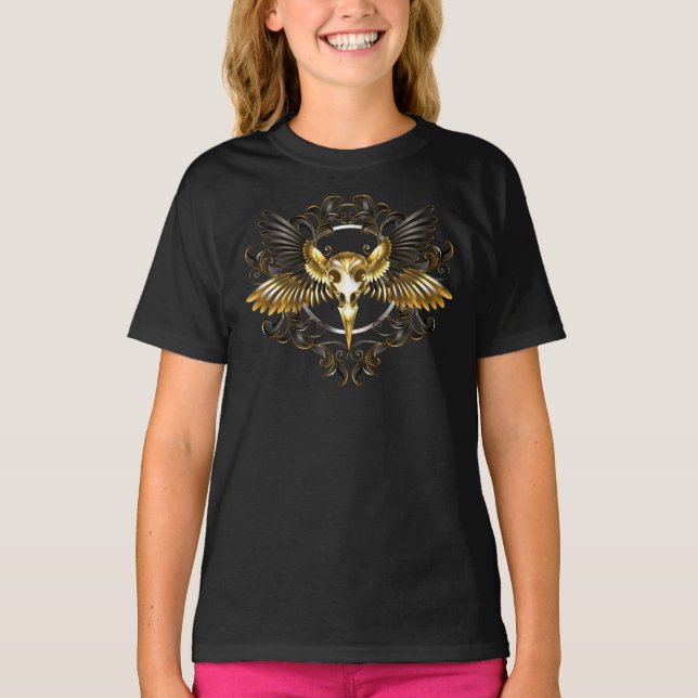 Golden Bird Skull on Black background T-Shirt (Front)