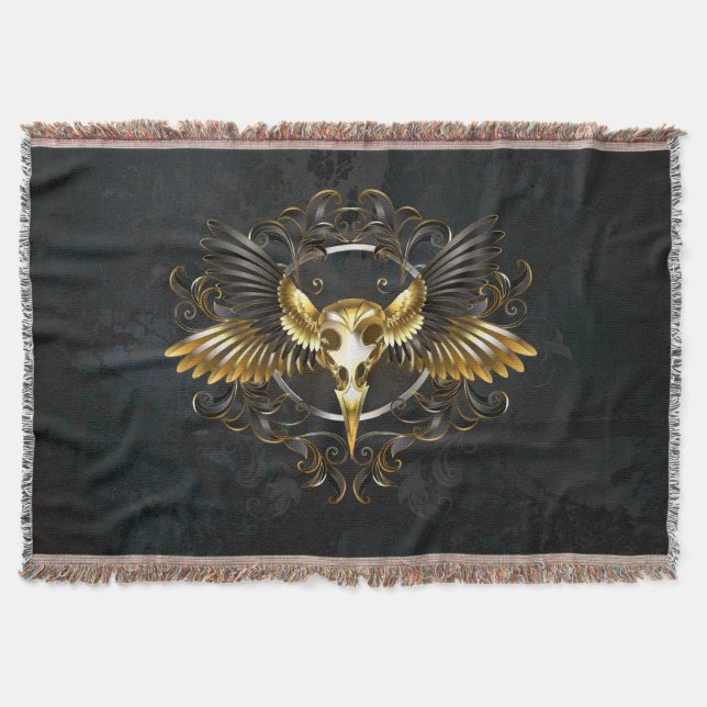 Golden Bird Skull on Black background Throw Blanket (Front)