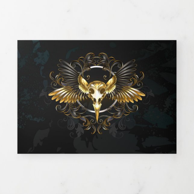 Golden Bird Skull on Black background Tri-Fold Announcement (Cover)