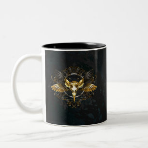 Golden Bird Skull on Black background Two-Tone Coffee Mug