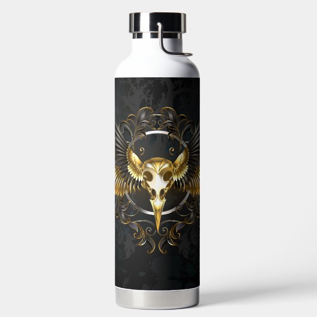Golden Bird Skull on Black background Water Bottle (Left)
