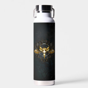 Golden Bird Skull on Black background Water Bottle