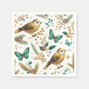 Golden Birds and Emerald Butterflies Holiday Napkin